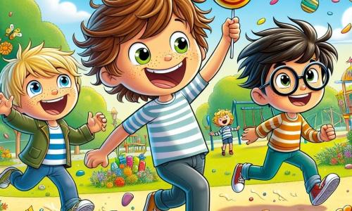 Au centre de l'image, Max, un garçon de 10 ans avec des cheveux bruns en bataille et des lunettes rondes, court avec un grand sourire, les bras levés. À sa droite, Léo, un garçon de 9 ans aux cheveux blonds et aux taches de rousseur, rit en tenant un bonbon géant. À gauche, Tom, 10 ans, aux cheveux noirs, essaie d'attraper un chapeau en forme de grenouille flottant au-dessus de lui. Hugo, 10 ans, avec des cheveux châtains et des lunettes carrées, les observe en riant, les bras croisés. Le décor est un parc ensoleillé avec des fleurs colorées et des arbres verts, une aire de jeux visible en arrière-plan. Les quatre amis sont en pleine aventure, courant après un chapeau dans les airs tout en se lançant des bonbons, créant une atmosphère joyeuse.