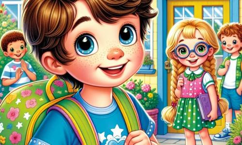 Lucas, un garçon de 10 ans, se tient devant l'entrée de son école, souriant avec des yeux pétillants. Il porte un t-shirt bleu avec des étoiles blanches et un cartable coloré. À côté de lui, Clara, également âgée de 10 ans, a de longs cheveux blonds tressés, une robe rose à pois et un petit sac à dos violet. Elle tient un livre et sourit joyeusement. Un peu plus loin, Jules, un autre garçon de 10 ans avec des lunettes et des cheveux bruns en bataille, porte un t-shirt vert et un short. Tous trois sont prêts à entrer dans leur école primaire colorée, entourée de fleurs et d'arbres, impatients pour leur première journée de rentrée.