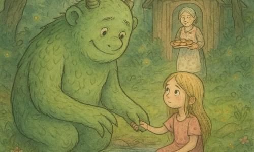 Un grand monstre doux et bienveillant, peau verte légèrement écailleuse, petites cornes arrondies et grandes mains palmées, s'agenouille au bord d'un ruisseau et tend la main vers une fillette d'environ 7 ans aux longs cheveux blonds et robe rose tachée de boue ; elle, assise sur une pierre, prend doucement sa main, regard humide mais curieux et confiance naissante. En arrière-plan, une vieille femme souriante aux cheveux gris en chignon, robe à fleurs et tablier, tient une assiette de biscuits depuis la porte d'une maisonnette en bois dans une clairière. Le bois enchanté a un feuillage dense, troncs torsadés, mousse épaisse, petites fleurs et lucioles; le ruisseau clair aux cailloux reflète la lumière dorée du crépuscule. Scène centrée sur le contact main à main et les regards, atmosphère chaleureuse, apaisante et magique.