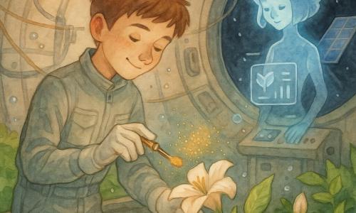 Noé, garçon d'environ 12 ans au regard concentré et sourire timide, cheveux châtains courts, portant une combinaison grise légère et gants blancs, tend délicatement un petit pinceau électrostatique doré vers le pistil d'une fleur pâle tandis que Lysa, une petite interface holographique bleue et translucide, flotte près d'une console en émettant des traits lumineux; l'action se déroule dans une serre circulaire et étroite d'un relais spatial — parois métalliques arrondies, lampes horticoles chaud-blanc, bacs verts, gouttelettes d'eau flottantes et panneaux solaires visibles par un hublot sombre — où il pollinise à la main des fleurs en apesanteur, des grains de pollen dorés formant une nuée dans une atmosphère intime mêlant la chaleur des plantes et le froid métallique de la station, empreinte de tension douce et d'espoir.
