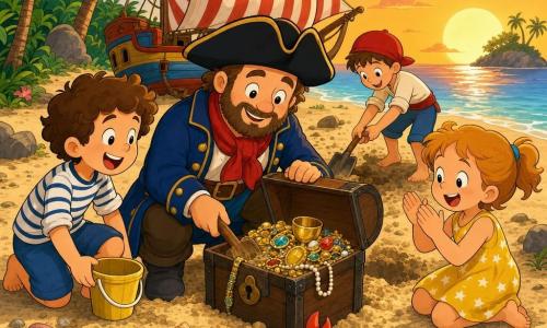 Un capitaine Paul accroupi, visage rond, petite barbe brune, grand tricorne noir, veste bleue et écharpe rouge, souriant, ouvre un coffre avec une petite pelle en bois; à sa gauche un jeune mousse d'environ 8 ans aux cheveux bouclés châtains en marinière blanche et bleue rit en tenant un seau jaune; à droite une fillette de 6 ans en robe jaune à étoiles applaudit; un autre garçon d'environ 9 ans en casquette rouge creuse près du coffre; un petit crabe rouge curieux se trouve sur le sable; scène sur la plage d'une île ronde avec palmiers, bateau en bois aux voiles rayées échoué, coquillages et seau éparpillés; ambiance au coucher du soleil, lumière chaude orange, visages lumineux, formes simples et couleurs saturées, atmosphère gaie et rassurante.