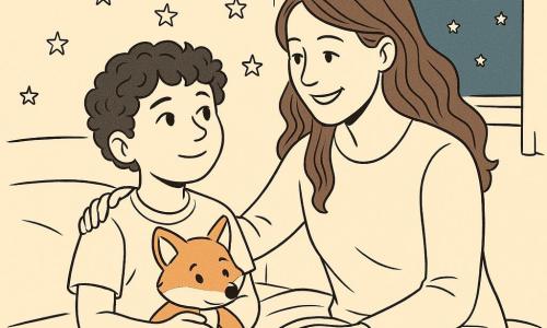 Léo, un garçon de 8 ans aux cheveux bouclés et aux yeux curieux, est assis sur son lit, serrant une peluche renard. Il a un regard attentif et rassuré, éclairé par la douce lueur de sa lampe-torche. Sa maman, une femme souriante d'une trentaine d'années aux cheveux longs, est assise à côté de lui, une main sur son épaule. La chambre de Léo est accueillante, avec des murs ornés d'étoiles phosphorescentes et une fenêtre laissant entrer la lumière de la lune. La scène illustre un moment de complicité et de réconfort, où la peur du noir se transforme en une aventure nocturne apaisante.