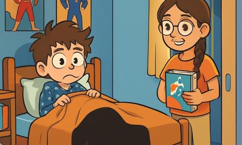 Un garçon de 10 ans, avec des cheveux en bataille et un sourire malicieux, est allongé sur son lit, les yeux écarquillés et le visage marqué par une légère inquiétude. Il porte un pyjama bleu avec des étoiles blanches, ses mains crispées sur sa couette. À côté, une ombre mystérieuse se dessine sous le lit, projetée par la lumière d’un lampadaire. Sa voisine, Maëlle, une fille de 10 ans avec des cheveux bruns tressés et des lunettes rondes, se tient à l’entrée de la chambre, souriante et tenant un livre coloré. Elle est là pour l’encourager, prête à partager ses astuces pour surmonter la peur. La chambre est décorée de posters de super-héros et de jouets, avec des murs peints en bleu clair et un tapis moelleux au sol. Le garçon, hésitant mais déterminé, se prépare à affronter l’ombre sous son lit, tandis que Maëlle l’encourage avec soutien. L’atmosphère est à la fois tendue et chaleureuse, illustrant la lutte contre la peur de manière douce et encourageante.