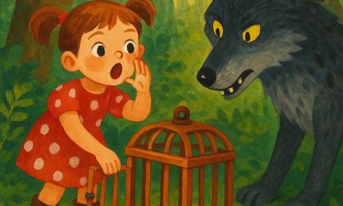 Lila, 6 ans, apeurée mais volontaire, cheveux châtain en couettes, robe rouge à pois blancs et bottines boueuses, imite le cri d’un renard en poussant la porte d’une petite cage en bois tandis qu’un grand méchant loup gris foncé aux yeux jaunes et crocs visibles, l’air surpris, penche la tête pour ouvrir le loquet ; pas de grand-mère ; forêt dense au sol mousseux avec fougères et buissons de baies rouges, troncs noueux et rayons dorés ; scène d’évasion tendue mais non violente, couleurs chaudes contrastées d’ombres bleutées ; style gouache pour enfants, traits doux, textures visibles, palette rouge/vert/gris, composition centrée.