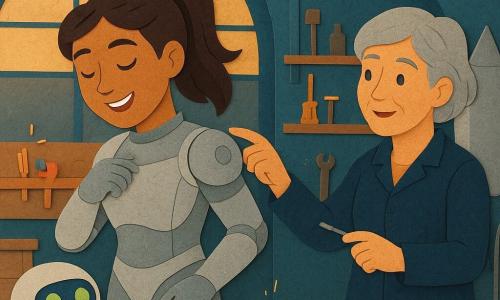 Lina, souriante et concentrée, cheveux bruns en queue de cheval, porte une combinaison spatiale argentée moulante et ajuste une attache d'épaule gantée ; Milo, petit robot à roulettes blanc et bleu aux lentilles vertes, roule près d'elle par curiosité ; Noor, femme d'environ 55 ans aux cheveux argentés courts en blouse d'atelier bleu foncé, lui montre un petit outil. L'atelier est un grand hangar rond sous dôme de verre avec murs métalliques, établis en bois, lampes suspendues et un mini-vaisseau argenté en arrière-plan; ambiance chaleureuse aux couleurs pastel contrastées (bleu pétrole, argent, jaune), textures superposées, ombres douces et détails mécaniques.