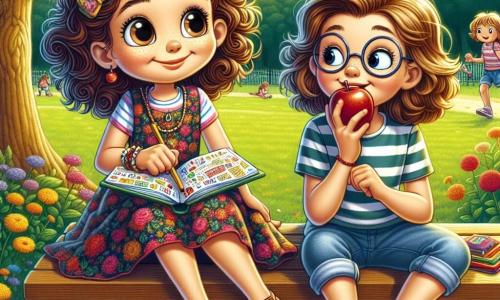 Au centre de l'image, Sophie, une fille de 11 ans aux cheveux châtains bouclés et aux grands yeux curieux, est assise sur un banc de parc, souriante et timide. Elle porte une robe à fleurs colorées et tient un carnet ouvert sur ses genoux. À côté d'elle, Emma, également âgée de 11 ans, avec des cheveux blonds lisses et des lunettes rondes, croque dans une pomme rouge. Le parc est verdoyant, avec des arbres aux feuilles dorées et des enfants jouant au frisbee au loin. Sophie et Emma discutent de l'importance de dire la vérité, entourées de bulles de dialogue colorées, créant une atmosphère joyeuse et pleine d'espoir.