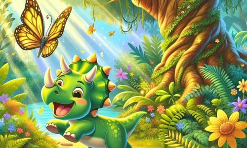 Un tricératops nommé Titi, avec une peau verte brillante et trois cornes colorées, exprime sa joie en courant dans la jungle. Ses yeux pétillent d'excitation alors qu'il suit un papillon aux ailes dorées qui tourbillonne autour de lui. La jungle est luxuriante, avec des arbres aux feuilles dorées et des fleurs éclatantes. Des rayons de soleil illuminent le sol recouvert de fougères. Titi joue et rit, tandis que le papillon l'invite à découvrir un arbre magique. L'ambiance est joyeuse et pleine de vie, illustrant un moment de découverte et d'amitié dans un monde préhistorique enchanteur.