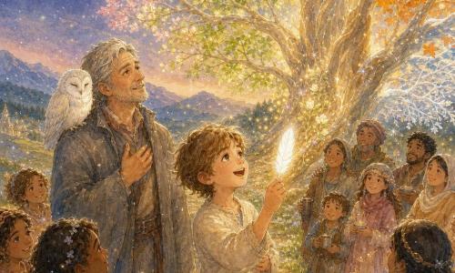 Un jeune homme souriant aux cheveux châtain clair en mèches, yeux noisette, vêtu de lin crème, tient une plume blanche lumineuse et chante face à un immense Arbre des Saisons au tronc lumineux; un homme d'environ 50 ans au manteau gris, visage ridé mais serein, main sur le cœur, le regarde légèrement en retrait avec une petite chouette blanche posée sur son épaule; des villageois — enfants et adultes — forment un cercle en tenant tasses et gâteaux; la scène se déroule dans une vallée d'herbes vert tendre et fleurs pastel, une route dorée mène à l'arbre aux branches mêlant toutes les saisons sous un ciel crépusculaire étoilé, tandis que la plume fait briller de petits bourgeons et ravive les couleurs, créant une atmosphère chaleureuse et magique.