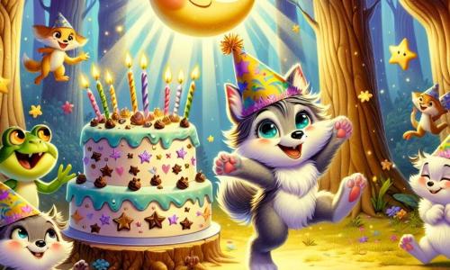Loulou, un petit loup aux poils gris et doux, danse autour d'un gâteau d'anniversaire en forme de lune, décoré d'étoiles en chocolat. Il porte un chapeau coloré en papier avec des bougies et affiche un sourire rayonnant. À ses côtés, Gina la grenouille saute de joie, tandis qu'Hugues le hérisson, caché derrière un arbre, rit malicieusement. La scène se déroule dans une forêt enchantée, baignée de lumière dorée, avec des arbres majestueux et des fleurs colorées. Loulou célèbre son anniversaire entouré de ses amis, créant une ambiance joyeuse et festive.