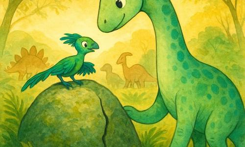 Luma, un grand diplodocus féminin au regard curieux et doux, peau vert pâle tachetée bleu‑vert, cou très long et queue fine enroulée, penche la tête et pose une patte sur la mousse pour écouter une fissure dans un gros rocher ; Piko, petit microraptor fier et excité au plumage vert turquoise, ailes courtes déployées, perché près de la fissure, oreille contre la pierre ; en arrière‑plan, silhouettes amicales de stégosaures et parasaurolophus formant un demi‑cercle à distance respectueuse ; lieu : vallée des vents avec herbes ondulantes, fougères géantes, arbres aux branches pliées par le souffle, rocher en dôme couvert de mousse et petites fleurs, lumière dorée du matin ; situation : moment calme et musical où le vent s’engouffre dans la fissure et crée un grondement mélodieux, Luma et Piko écoutant, visages émerveillés, atmosphère paisible et magique.