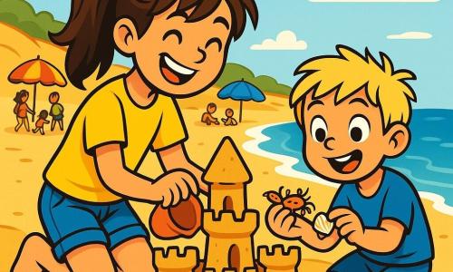 Zoé, 10 ans, a de longs cheveux bruns en queue de cheval et un grand sourire. Elle porte un t-shirt jaune et un short en jean, construisant un château de sable sur la plage. À côté, son petit frère Hugo, 6 ans, avec des cheveux blonds en bataille et une tenue de baignade bleue, ramasse des coquillages et montre un petit crabe. En arrière-plan, la plage est animée avec des dunes de sable, des parasols colorés et des familles jouant. Ils créent ensemble un château de sable, entourés de rires et de l'odeur de la mer, capturant l'esprit joyeux des vacances d'été.