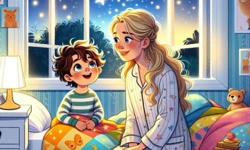 Un petit garçon de 2 ans, Lucas, avec de grands yeux curieux et des cheveux bruns en désordre, est assis sur son lit, entouré de couvertures colorées, émerveillé par les étoiles qui brillent dans le ciel nocturne. Sa maman, une femme d'une trentaine d'années aux cheveux longs et blonds, se tient à côté de lui, souriante, tenant une lampe de chevet diffusant une lumière douce. La chambre, décorée de murs bleu clair et de posters d'animaux, crée une ambiance magique. Lucas, fasciné par les étoiles, écoute sa maman lui expliquer que le noir peut être beau, transformant ainsi sa peur en une aventure pleine de découvertes.