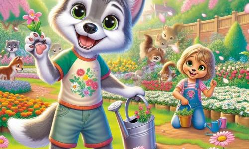 Léo, un jeune loup au pelage gris argenté, se tient dans un jardin fleuri, rayonnant de joie. Il porte un t-shirt coloré et un short, tenant une petite pelle, prêt à planter des marguerites. À ses côtés, Sophie, une jeune louve malicieuse au pelage brun clair, sourit en tenant un arrosoir, enthousiaste pour le jardinage. En arrière-plan, le parc est lumineux, avec des cerisiers en fleurs, des rangées de fleurs colorées et des familles joyeuses travaillant ensemble. La scène dégage une atmosphère de camaraderie et de bonheur, illustrant la magie du printemps.