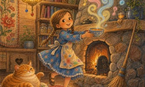 Une fillette de six ans, douce et enthousiaste, sourit aux yeux brillants ; cheveux châtain clair en deux nattes, robe fleurie bleue et tablier taché de peinture, elle fait une petite danse lente près d’une grande cheminée en pierre en tendant un bol de soupe ; la fumée monte en spirales colorées formant notes musicales et bulles. Un chat rond et roux dort sur un coussin brodé à gauche, une patte posée comme pour imiter la danse, et un balai en bois usé appuyé à droite ajoute une présence silencieuse. La pièce est un salon chaleureux en bois avec tapis frangé rouge, tapisserie à fleurs, lampe dorée et étagères, l’ensemble suggère confort, humour tendre et magie discrète, rendu style crayons de couleur, traits doux et textures visibles de papier.