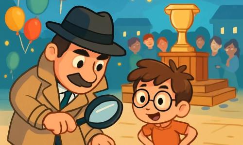 Un homme détective, Gustave, jovial et curieux, porte un chapeau noir et un trench-coat beige. Il examine des traces de pas au sol avec une loupe, concentré et déterminé. À ses côtés, Léo, un garçon de 9 ans aux cheveux bruns et lunettes rondes, observe les indices, prêt à aider. La scène se déroule sur la place centrale de Clairval, décorée de lanternes colorées, de guirlandes lumineuses et de ballons. Au fond, un podium en bois avec le piédestal vide de la Lanterne d'Or, entouré de spectateurs inquiets. Gustave et Léo enquêtent pour retrouver la Lanterne d'Or disparue, tandis que la foule murmure, intriguée et anxieuse.