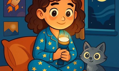 Une fille de 12 ans, aux cheveux châtains bouclés et au sourire timide, est assise sur son lit en pyjama bleu à étoiles, tenant une lampe de poche qui éclaire son visage. À ses pieds, un petit animal aux yeux pétillants et à la fourrure argentée, nommé Nox, l'observe. La chambre est décorée de posters colorés et d'un tapis moelleux, avec une fenêtre ouverte laissant entrer un léger vent nocturne et la lumière de la lune. La fille, curieuse et un peu nerveuse, découvre la magie de la nuit, encouragée par Nox à voir la beauté dans l'obscurité.