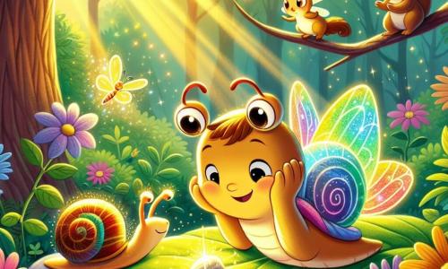 Un petit escargot nommé Émile, avec une coquille colorée, affiche une grande curiosité sur son visage. Il avance sur une feuille verte, touchant une pierre scintillante avec ses antennes. À ses côtés, Léa, une luciole lumineuse, brille dans les airs avec un sourire amical. Tim, un écureuil au pelage brun, se tient sur une branche, observant avec enthousiasme. Le jardin est magique, rempli de fleurs éclatantes et d'une douce lumière dorée. Émile découvre la pierre magique, entouré de ses amis, prêts à explorer son secret.