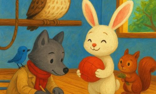 Petit Loup, jeune loup gris en manteau beige et écharpe rouge, accroupi et concentré examine une ficelle rouge au sol tandis qu’un petit oiseau bleu perché près de lui indique la fenêtre entrouverte ; Lili la lapine blanche, joyeuse et soulagée, tient contre elle un ballon rouge raccommodé ; l’écureuil roux, penaud, rend le ballon en tenant une touffe d’herbe ; une grosse chouette crème et brune perchée sur une poutre observe la scène avec bienveillance. Le tout se passe dans un gymnase rond aux murs bleu clair et parquet brillant, cordes et cerceaux au sol, lumière dorée du crépuscule les éclairant, atmosphère sereine d’entraide et d’amitié.
