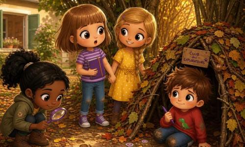 Quatre enfants dans un sentier boisé derrière une maison baignés d'une lumière dorée : Zoé (9 ans) au centre, carré châtain clair, frange, grands yeux, t‑shirt rayé violet, jean, tenant un petit carnet violet, visage surpris et soulagé ; Mila (9 ans) à gauche, cheveux noirs en couette, air malicieux, veste kaki, accroupie avec une loupe examinant le sol ; Inès (9 ans) à droite, blonde en tresse, robe jaune à pois, tenant la main de Zoé, sourire rassurant, regard vers une cabane de feuilles au pied d'un noisetier ; Léo (7 ans) assis devant le mini‑fort de feuilles, cheveux bruns en bataille, pull rouge avec un dinosaure, genoux poussiéreux, tenant un feutre, penaud mais fier — les trois filles viennent de retrouver le carnet que Léo avait pris comme « mission », ambiance d'enquête joyeuse (loupe, traces de pas, élastique violet, petits trésors et miettes de biscuits), style chibi kawaii aux couleurs chaudes, traits ronds et expressions attendrissantes.