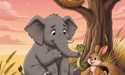 Un grand éléphant gris nommé Émile, honteux mais doux, trompe repliée vers la poitrine, assis sous un acacia au crépuscule; un petit oiseau jaune dans un nid sur la branche au‑dessus, un lapin brun à l'entrée d'un terrier et un serpent vert glissant dans les herbes, tous tournés vers Émile ; ambiance de réconciliation chaleureuse, couleurs douces et style cartoon années 90.