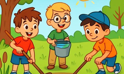 Trois garçons de 9 ans se tiennent près d'un étang verdâtre : Lucas, avec des cheveux bruns en bataille, un t-shirt rouge et un râteau en bois ; Thomas, aux cheveux blonds, lunettes rondes, t-shirt vert et seau d'eau ; et Sam, avec des cheveux noirs, casquette bleue, t-shirt orange et bâton à la main. Ils nettoient l'étang, entouré d'arbres majestueux et de fleurs colorées, discutant joyeusement de leur mission pour redonner vie à cet endroit qu'ils aiment. Le ciel est bleu et ensoleillé, ajoutant une lumière chaleureuse à la scène.