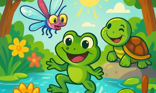 Au bord d'un étang scintillant, une petite grenouille verte nommée Croaky saute joyeusement sur un nénuphar. À côté, une libellule colorée nommée Fripouille virevolte dans les airs, prête à faire une blague. Non loin, une tortue nommée Turtie se prélasse sur une pierre, affichant un sourire serein. L'étang est entouré de fleurs éclatantes et de grands arbres, tandis que le soleil brille, créant des reflets dorés sur l'eau. Les personnages s'apprêtent à plonger dans une compétition de plongeon, riant et s'encourageant.