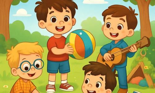 Quatre enfants jouent dans un parc ensoleillé. Lucas, 6 ans, souriant, porte un t-shirt rouge et tient un ballon. Tom, également 6 ans, est assis sur l'herbe, dessine avec des craies. Hugo, avec des taches de rousseur, est allongé, racontant une histoire avec des gestes. Léo, souriant, se tient à côté de Lucas avec une guitare. Le parc est verdoyant, avec des arbres, des fleurs colorées et une cabane en arrière-plan. Ils s'amusent ensemble, loin des écrans, engagés dans des activités créatives.
