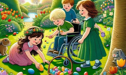 Dans un jardin ensoleillé, trois enfants sont en pleine chasse aux œufs de Pâques : Julie, 7 ans, ramasse un œuf bleu, Tom, 8 ans, cherche un œuf rouge derrière un arbre, et Léo, 6 ans, sourit dans son fauteuil roulant en tenant un œuf jaune. Le jardin est coloré avec des fleurs, des lapins en chocolat et un panier en osier rempli de chocolats, créant une atmosphère festive et magique.