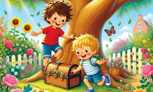 Dans un jardin ensoleillé, Léo, un garçon de 7 ans aux cheveux bruns et t-shirt rouge, grimpe sur une branche d'un grand arbre, tandis que Max, 6 ans, aux cheveux blonds et short bleu, l'encourage en bas. Le jardin est rempli de fleurs colorées et au centre se dresse un grand arbre. Les amis découvrent un petit coffre en bois caché dans les feuilles. Léo est émerveillé et s'apprête à l'ouvrir, tandis que Max attend avec impatience. C'est un moment de joie et de curiosité, annonçant une aventure vers un trésor sucré.