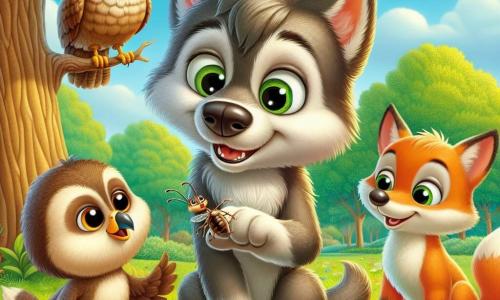 Léo, un petit loup au pelage doux et brillant, se tient au centre, souriant et tenant un insecte entre ses pattes. À sa gauche, Hélène, un hibou aux plumes marron, l'observe avec curiosité depuis une branche. À droite, Tim, un renard orange vif, sourit en tenant un morceau de fromage, prêt à échanger avec Léo. La scène se déroule sous un grand chêne, dans une herbe douce parsemée de fleurs colorées. Les trois amis partagent un pique-nique, découvrant leurs différences culinaires dans une ambiance joyeuse, symbolisant la tolérance et l'acceptation.