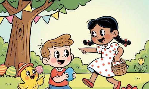 Timéo, 2 ans, émerveillé, ramasse un œuf de Pâques bleu ; Léa, 7 ans, grande sœur souriante en tresse et robe à pois, pointe un buisson et tient un panier vide ; Poussinou, petit poussin jaune au chapeau orange, montre d’autres œufs près des fleurs ; jardin lumineux avec pelouse, grand arbre à gauche, buissons, tulipes rouges et jaunes et guirlandes pastel ; œufs multicolores visibles partiellement ; style couleurs vives, contours noirs épais, formes rondes et expressions exagérées, atmosphère douce et ludique pour tout-petits.