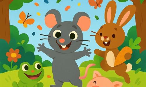 Un rat souriant et malicieux, avec un pelage gris et des yeux pétillants, se tient au centre de la scène, entouré de confettis colorés. À sa droite, un lapin aux grandes oreilles blanches et au pelage brun, tenant une carotte, saute avec enthousiasme. À sa gauche, une grenouille verte se prépare à sauter sur une feuille de nénuphar. Un cochon rose roule joyeusement dans les confettis, juste derrière le rat. La scène se déroule dans une forêt enchantée, avec des arbres aux feuilles vertes, des fleurs colorées et un ciel bleu clair. L'herbe est d'un vert vif et des papillons dansent autour des animaux. Le rat organise une fête joyeuse où tous s'amusent, dansent et rient, créant une atmosphère de bonheur.