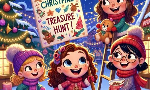 Au centre de l'image, Lila, une fille de neuf ans aux cheveux bruns bouclés et aux yeux pétillants, tient un panneau fait maison avec "Chasse au Trésor de Noël !" écrit dessus. Elle sourit avec enthousiasme. À sa droite, Emma, également âgée de neuf ans, porte des lunettes et une canne, regardant Lila avec excitation, vêtue d'une écharpe rouge et d'un bonnet en laine. À gauche, Clara, avec des cheveux blonds tressés, grimpe sur une échelle pour récupérer un indice accroché à un renne en peluche, riant joyeusement. Zoé, avec des cheveux noirs et des taches de rousseur, se tient près du sapin géant, tenant une tasse de chocolat chaud. Le décor est une place de marché de Noël à Lumièreville, illuminée par des guirlandes et des flocons de neige. Des chalets en bois vendent des biscuits et des jouets, tandis qu'une grande roue colorée brille en arrière-plan. Les enfants sont en pleine chasse au trésor, entourés de rires et de magie de Noël, découvrant des indices cachés et se dirigeant vers le sapin géant pour trouver le plus grand cadeau.