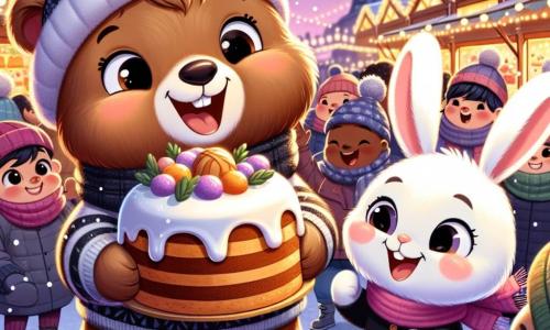 Petit Ours, un ours brun au pelage doux et aux yeux pétillants, tient un gâteau au miel dans ses pattes, souriant d'excitation. À ses côtés, Lapinou, un petit lapin blanc aux grandes oreilles, saute de joie en admirant le gâteau. La scène se déroule dans un marché de Noël animé, avec des stands décorés de guirlandes et de flocons de neige. Les gens portent des écharpes et des bonnets, s'amusant dans l'atmosphère festive. Petit Ours et Lapinou viennent de trouver le dernier gâteau au miel et sont ravis de rentrer chez eux pour célébrer Noël ensemble.