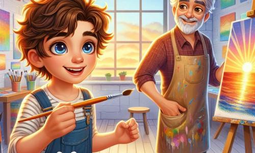 Un jeune garçon nommé Léon, âgé de neuf ans, se tient dans l'atelier de Monsieur Bernard. Avec des cheveux châtains en bataille et des yeux curieux, il sourit en tenant un pinceau et une palette de couleurs vives, prêt à peindre un coucher de soleil. À ses côtés, Monsieur Bernard, un homme d'environ soixante ans aux cheveux gris, l'observe avec bienveillance, portant un tablier taché de peinture. L'atelier, rempli de toiles colorées, de pinceaux et de pots de peinture, est illuminé par la lumière du soleil, créant une atmosphère chaleureuse. La scène montre Léon peignant avec passion, tandis que Monsieur Bernard lui donne des conseils, partageant un moment de créativité.