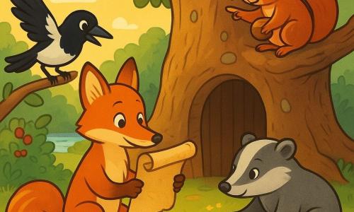 Renard roux anthropomorphe agenouillé devant le tronc d’un grand chêne, pelage lustré, tenant une carte parcheminée roulée ; une pie noire et blanche sur une branche à gauche regarde la carte avec excitation ; une blairelle grise accroupie à droite pose une patte sur un galet bleu souriant ; un écureuil roux perché au-dessus pointe une cordelette herbeuse descendant vers le sol. Clairière forestière ensoleillée, herbe verte et fleurs, chêne ancien au tronc massif avec petite porte ronde entrouverte et pierres-lucioles incrustées, ruisseau scintillant et buissons de framboisiers ; moment de découverte intime et joyeux à la lumière dorée de l’après-midi, composition centrée sur le trio.