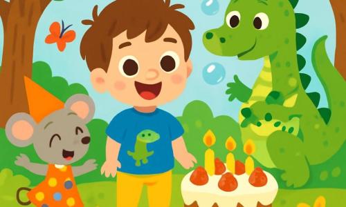 Léo, un petit garçon de 2 ans avec des cheveux bruns en bataille et de grands yeux pétillants, se tient au centre de la scène, souriant. Il porte un t-shirt bleu avec un dinosaure et un pantalon jaune. À côté de lui, Madame Souris, une souris grise en robe colorée, danse joyeusement. Un dragon doux aux écailles vertes souffle des bulles de savon. La scène se déroule dans une forêt enchantée, pleine de fleurs multicolores et d'arbres épais, avec des papillons volants. Léo s'apprête à souffler les bougies de son gâteau d'anniversaire décoré de fraises et de crème chantilly, tandis que ses amis chantent pour célébrer ce moment spécial.
