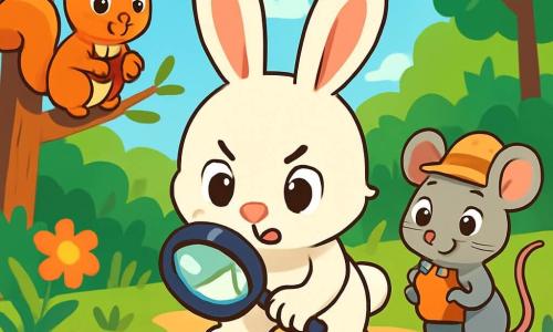Léon le lapin, un petit lapin aux grandes oreilles et à la fourrure blanche, est au centre de l'image, tenant une loupe et scrutant le sol avec excitation. À sa droite, Mimi la souris, petite et grise, observe les empreintes avec émerveillement, portant un chapeau en paille et tenant un carnet. À gauche, Noé l'écureuil, à la fourrure rousse, grimpe sur une branche, l'air inquiet mais prêt à aider, tenant des noisettes. La scène se déroule dans une clairière ensoleillée, entourée d'arbres et de fleurs, avec des empreintes et des miettes de gâteau au sol. Léon et ses amis enquêtent pour retrouver leur panier de pique-nique disparu, dans une ambiance d'aventure et de camaraderie.
