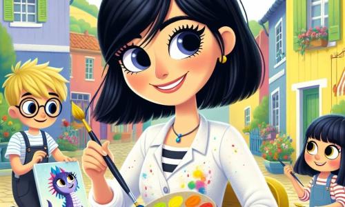 Clara, artiste aux cheveux noirs, est au centre, souriante, tenant une palette colorée et un pinceau. Elle porte une blouse blanche éclaboussée de peinture et guide des enfants dans leur projet artistique. À sa droite, Emma, une fille blonde de 8 ans, peint un dragon violet aux écailles arc-en-ciel, tandis qu'à sa gauche, Tom, un garçon de 9 ans aux lunettes rondes, observe attentivement. La scène se déroule sur une place ensoleillée du village de Chroma, entourée de maisons colorées et de fleurs éclatantes. Clara et les enfants créent une fresque collective, remplie de couleurs vives, symbolisant l'unité et la créativité de leur communauté.