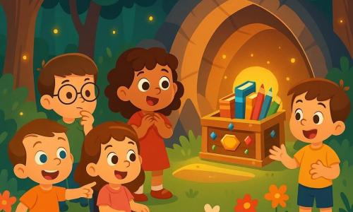 Cinq enfants de six ans se tiennent dans une forêt enchantée. Léo, aux cheveux blonds et sourire éclatant, pointe vers une grotte scintillante. Clara, aux boucles brunes et yeux pétillants, regarde émerveillée. Max, avec des lunettes glissantes, réfléchit en retrait. Julia, souriante dans son fauteuil roulant, est entourée de fleurs colorées. Tom, joyeux avec des cheveux châtains, raconte une histoire avec des gestes animés. La scène est magique, avec des arbres majestueux filtrant la lumière et des fleurs multicolores. Dans la grotte, ils découvrent une boîte en bois ornée de pierres précieuses, remplie de livres et de crayons, symbolisant leur quête d'aventure et de créativité.