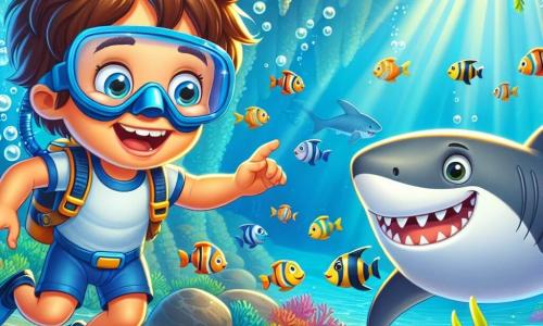 Un petit garçon de 4 ans, nommé Tom, avec des cheveux bruns en bataille et un grand sourire, porte un masque de plongée bleu et un tuba. Il nage joyeusement dans l'eau claire, entouré de poissons colorés. À ses côtés, un requin amical nommé Rémi flotte paisiblement, le regardant avec bienveillance. Le décor est une grotte sous-marine magnifique, avec des parois de corail scintillantes et des rayons de lumière illuminant le sable doré. Tom et Rémi découvrent un passage secret dans la grotte, avec des pierres à l'entrée. Tom, excité, pointe vers la lumière mystérieuse, prêt à explorer avec son ami requin.