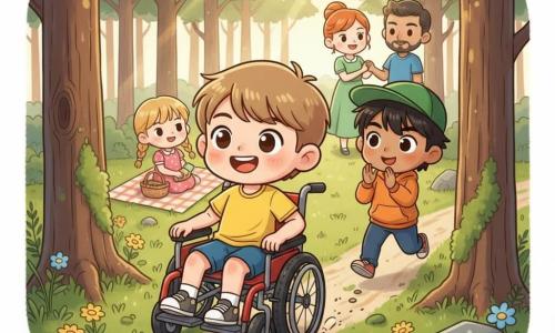 Tom, un garçon d'environ 8 ans, cheveux châtain clair, rit aux éclats en filant en zigzag dans un fauteuil roulant tout-terrain rouge; à sa droite Lucas, 8 ans, cheveux noirs en bataille, casquette verte et sweat orange, court en l'applaudissant et levant le pouce; derrière eux, Juliette, 7 ans, cheveux blonds en nattes, robe rose à pois, est assise sur une couverture à carreaux avec un panier de pique-nique; en arrière-plan, leurs parents les regardent affectueusement depuis le bord d'une clairière ensoleillée au cœur d'une forêt de pins, sol herbeux parsemé de fleurs sauvages et quelques troncs moussus — ambiance joyeuse, couleurs vives et esprit d'aventure et d'amitié.