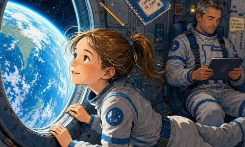 Margot, 10 ans, visage rond et taches de rousseur, cheveux châtain clair en queue de cheval, expression émerveillée, flotte en apesanteur dans la cabine d'une navette spatiale, mains posées sur le rebord d'un grand hublot montrant la Terre éclairée de bleu, de petits objets (crayon, carnet) flottent autour d'elle; en arrière-plan à droite, le commandant Thomas, environ 45 ans, peau mate, cheveux poivre et sel, en tenue spatiale grise à bandes bleues, consulte une tablette; parois métalliques avec panneaux et câbles, atmosphère calme et magique.