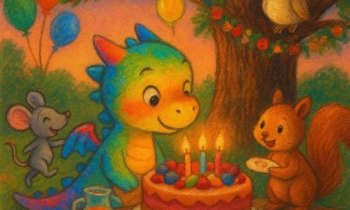 Léo, petit dragon bébé aux écailles arc‑en‑ciel brillantes, penché pour souffler les bougies d'un gros gâteau aux fruits; à gauche Mia la petite souris grise en pirouette sur la table, à droite Tino l'écureuil roux tenant une assiette révélant un message caché, Bella la chouette beige aux grands yeux perchée sur une branche basse du grand chêne; clairière sous un chêne aux racines visibles, guirlandes de fleurs et ballons, longue table en bois rustique nappée, gâteaux, biscuits et jus, herbe fleurie; fête d'anniversaire au crépuscule avec lumière rose‑orange douce, atmosphère joyeuse et chaleureuse, composition centrée, textures pastel gras, couleurs chaudes et contrastes doux.