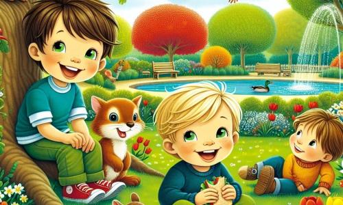 Dans un parc printanier, trois garçons sont réunis sous un grand chêne. Lucas, 8 ans, avec des cheveux bruns, porte un t-shirt bleu et un pantalon vert, sourit en tenant un sandwich. À sa droite, Maxime, 9 ans, aux cheveux blonds et lunettes rondes, croque dans une pomme rouge. À gauche, Léo, 7 ans, avec des cheveux châtains et un pull jaune, observe un écureuil. Le parc est coloré avec des fleurs, un étang scintillant et des arbres feuillus sous un ciel bleu parsemé de nuages. Les garçons partagent un pique-nique joyeux, riant et discutant des animaux vus dans le parc.
