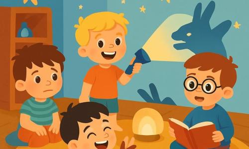 Quatre enfants sont présents : Léo, 6 ans, inquiet et assis sur le tapis ; Max, 5 ans, souriant et tenant une lampe de poche ; Tom, 6 ans, avec des lunettes, assis près de la veilleuse avec un livre d'histoires ; et Sam, 5 ans, allongé sur le ventre en faisant des ombres avec ses mains. La scène se déroule dans une chambre d'enfant chaleureuse avec des murs bleu clair et une veilleuse dorée. Les enfants, réunis autour de la veilleuse, surmontent leur peur du noir en racontant des histoires et en jouant, transformant la nuit en un moment magique.
