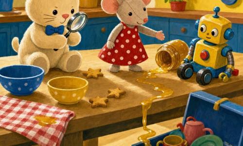 Un petit chat en peluche détective, assis droit avec un nœud papillon, tient une loupe, Lili la souris en robe rouge à pois pointe une trace de miel collante sur la table, et Toum-Toum, un robot jouet jaune et bleu, est près d’un pot de miel penché ; la cuisine chaleureuse montre un chemin brillant de miel menant de la table à une boîte à jouets.
