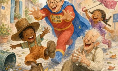 Super-Papou, un homme souriant aux cheveux gris courts et lunettes rondes, en cape bleu vif et costume rouge et jaune, chatouille trois complices qui rient aux éclats : à sa gauche Boulette, un garçon d'environ 6 ans avec un grand chapeau marron glissant sur une peau de banane, à l'arrière-droit Zouzou la Zoubida, une fillette de 5 ans aux nattes dont le parapluie à pois rose s'envole, et au premier plan Pépé Patafix, un vieil homme de 70 ans aux cheveux blancs et doigts collés au ruban adhésif ; scène matinale et ensoleillée dans une rue de quartier pavée aux maisons colorées et volets bleus, poubelle renversée et feuilles qui volent, ambiance légère et comique aux couleurs douces d'aquarelle.
