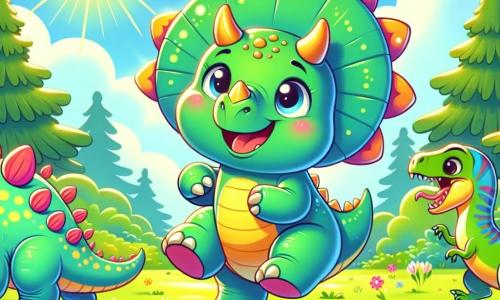 Un tricératops nommé Tico, avec une peau verte et trois cornes brillantes, danse joyeusement sous le soleil, ses yeux pétillants de bonheur. À ses côtés, un stégosaure nommé Susi, avec des plaques colorées sur son dos, sourit en agitant sa queue, tandis qu'un vélociraptor nommé Riri, rapide et agile, saute autour d'eux avec un air espiègle. La scène se déroule dans une plaine verdoyante, parsemée de fleurs et de grands arbres, sous un ciel bleu avec quelques nuages. Tico brille entouré de ses amis, créant une atmosphère de joie et de magie.