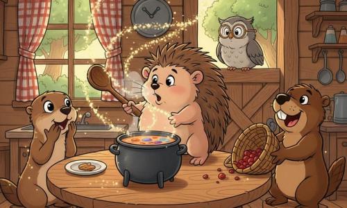 Hector, un petit hérisson rond aux piquants bruns et crème, éternue en tenant une grande cuillère en bois et fait s'envoler une pluie de poussière d'étoile scintillante ; à gauche, Loula la loutre au pelage brun clair, mains sur la bouche et yeux ébahis, est éclaboussée d'étincelles dorées ; à droite, Gaston le castor trapu rit sur un tabouret en tenant un panier renversé d'où tombent des baies rouges ; en arrière-plan, le vieux hibou Henri, petit et sage aux plumes grises et lunettes rondes, veille sur la scène depuis l'encadrement de la porte ; le tout se déroule dans une petite cuisine rustique en bois avec une table ronde en chêne, une marmite fumante et une fenêtre à carreaux donnant sur des arbres et un rayon de soleil — moment comique et magique où la soupe est couronnée de tourbillons scintillants provoquant des rires joyeux.